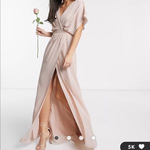 Short sleeved cowl front maxi dress with button back detailed in blush